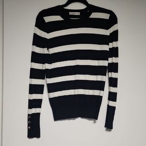 Zara White & Navy Striped Gold Button Cuffs Long Sleeve Sweater Size S